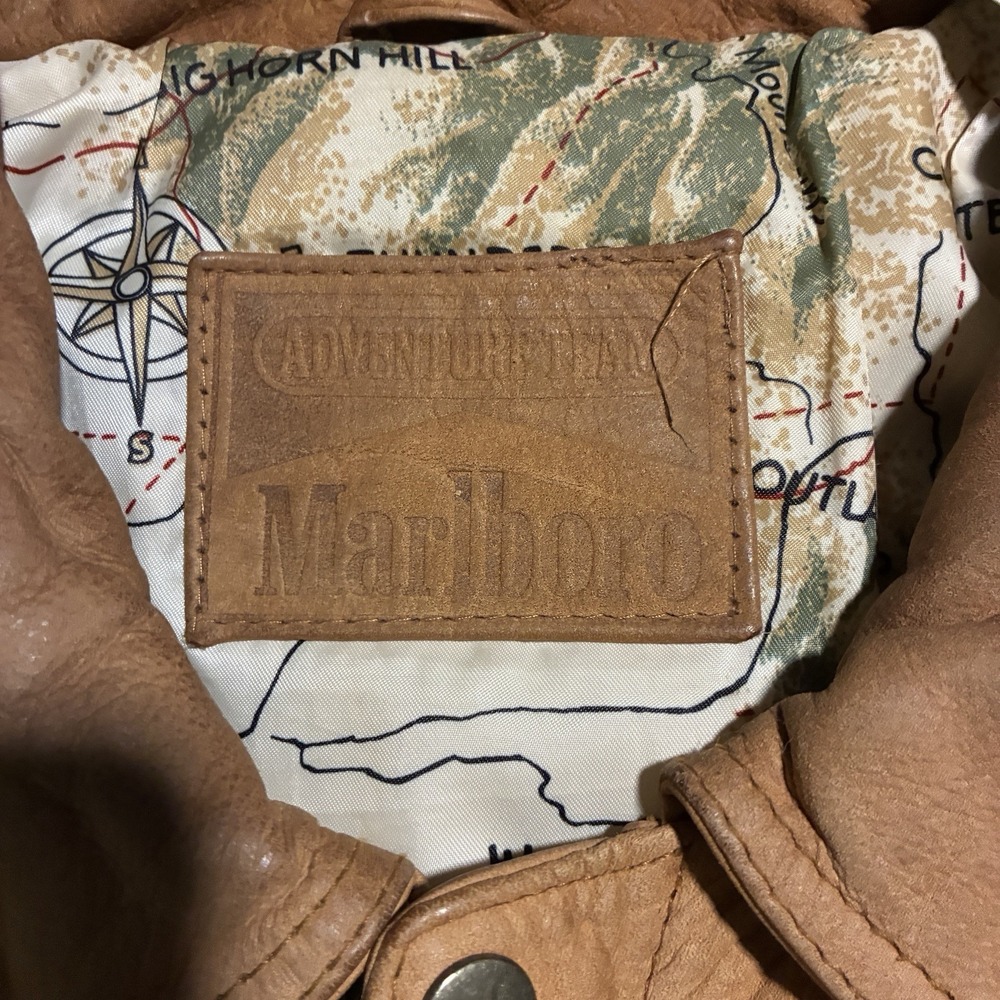 Marlboro Adventure Team Brown Leather Jacket Map Lined Men's L rare - Picture 8 of 13